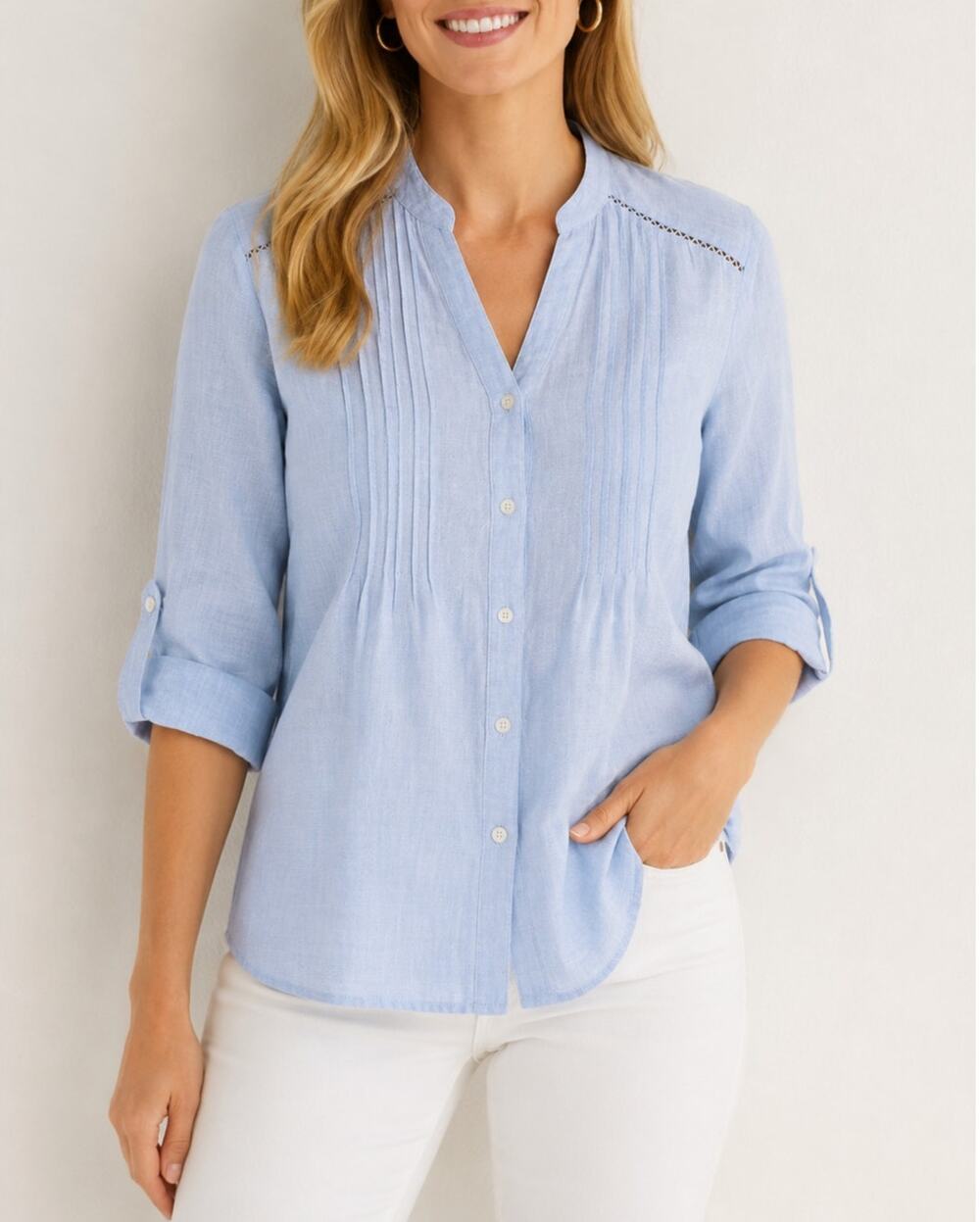 J. Mclaughlin Linen Cotton Blend Button up 3/4 Sleeve Blouse Blue XS